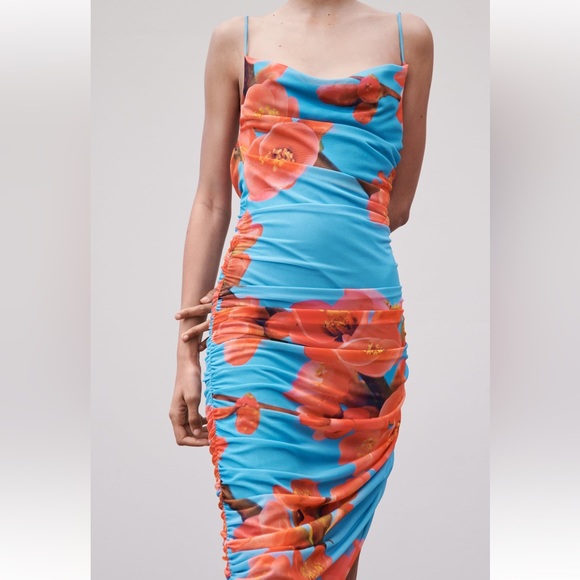 ZARA DRAPED PRINTED TULLE OPEN BACK DRESS SIZE M Blue/Red 5039/203 NWT - Picture 2 of 6